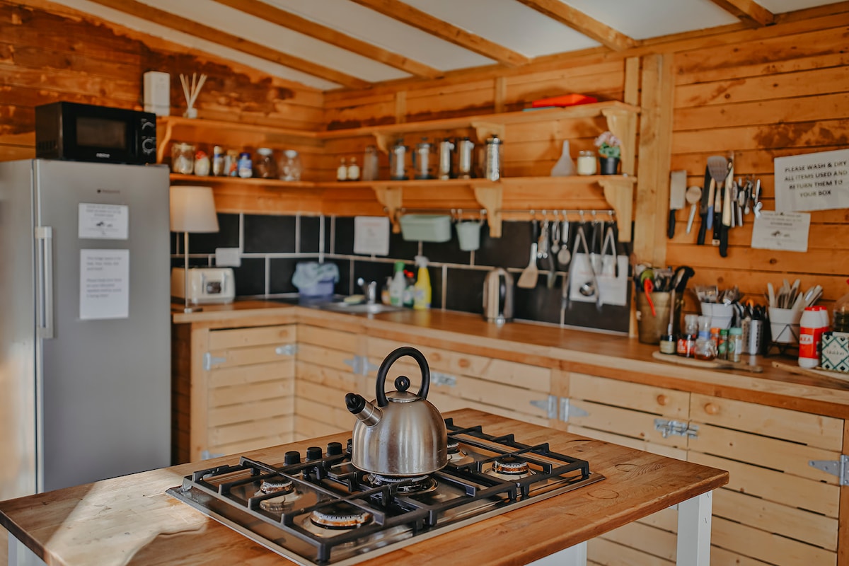 The kitchen area features wood-paneled walls with open shelving displaying jars and utensils. A silver kettle is positioned on a gas stovetop centered on a wooden island. Appliances, including a refrigerator and microwave, are visible, providing a functional cooking space.