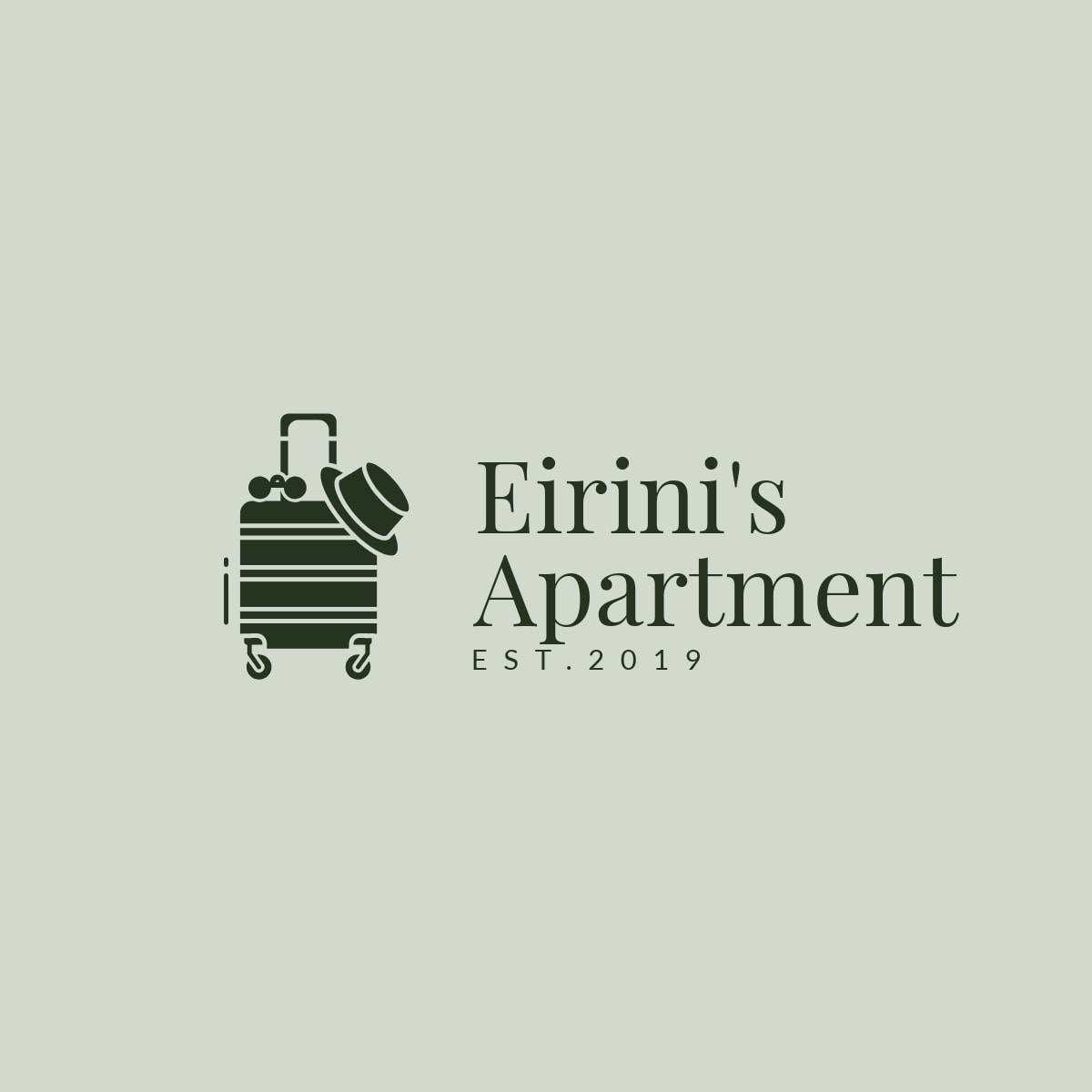 The logo for Eirini's Apartment features a luggage cart with a suitcase and a hat, set against a soft green background. The apartment's name is displayed in a modern font alongside the establishment year, 2019, emphasizing a welcoming and organized identity.