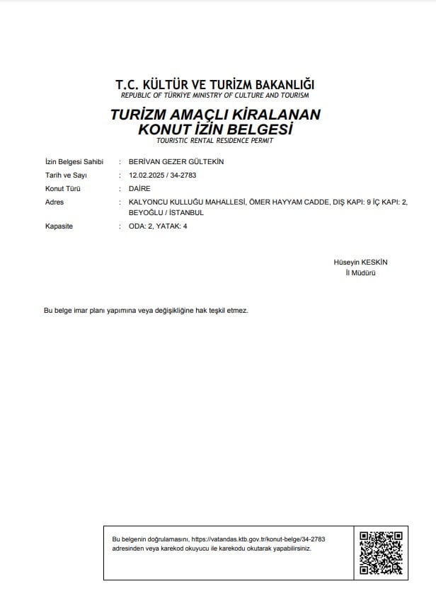 The document shows a formal residency permit issued by the Turkish Ministry of Culture and Tourism. It includes the name of the holder, date of issuance, purpose of the permit, and the official seal. The layout consists of clear sections and text, providing essential details for verification.