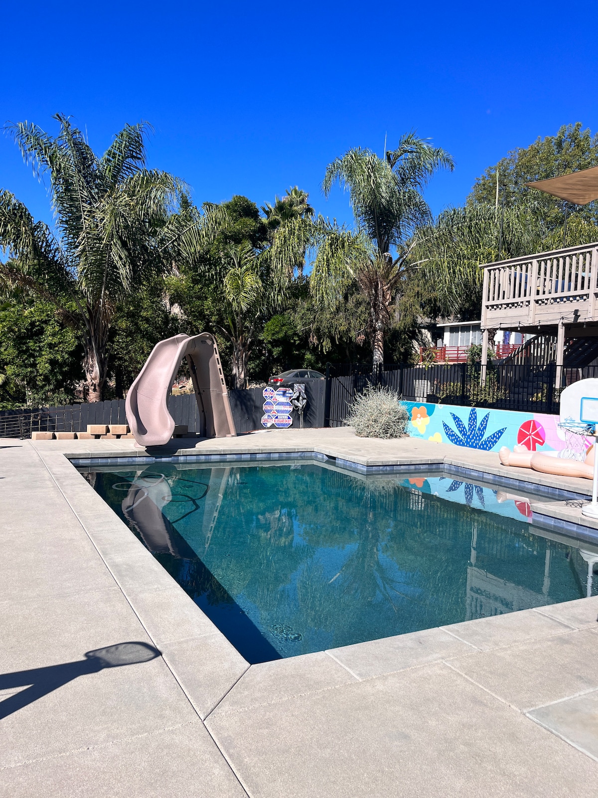 A spacious pool area is surrounded by palm trees, featuring a clear swimming pool with a gentle slope and a water slide. A decorative mural with tropical motifs can be seen on the adjacent wall, enhancing the outdoor recreational space.