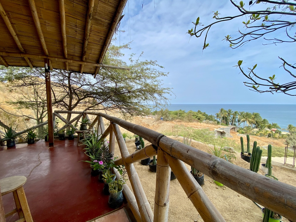 A wooden terrace is framed by bamboo railing, offering a view of the ocean and surrounding landscape. Potted plants and cacti line the terrace, enhancing the outdoor space. The sky is bright with scattered clouds, creating a calm and open atmosphere.