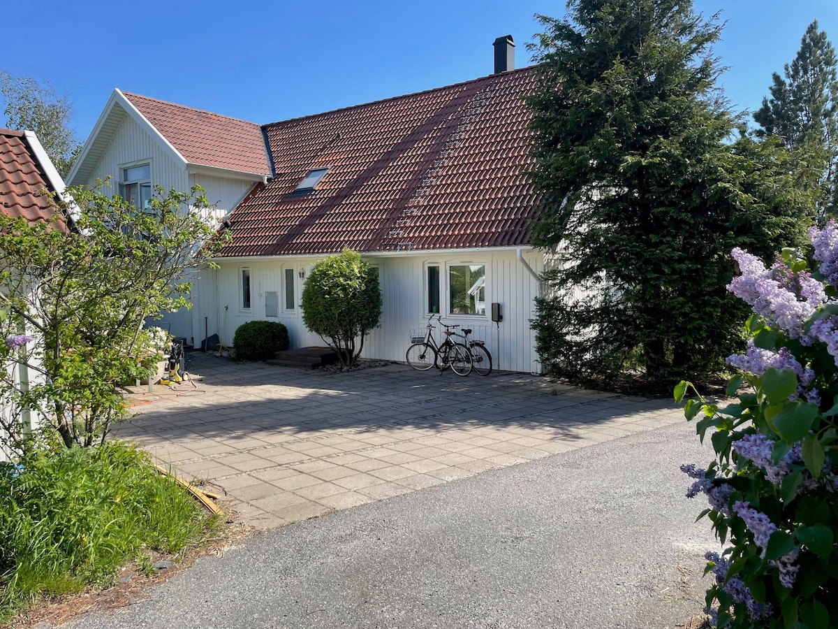 A bright exterior of a two-story house features a sloped roof and multiple windows. A spacious stone-paved driveway accommodates two bicycles parked near the entrance, while greenery, including lilac bushes, adds a touch of nature to the property.