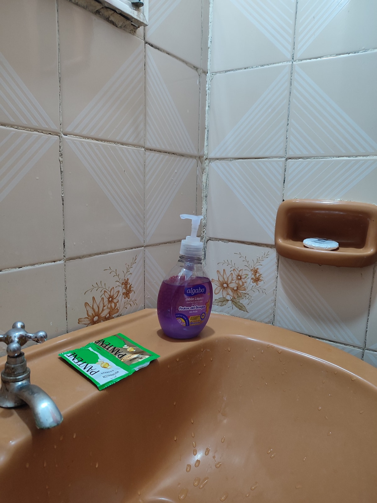 A bathroom sink features a soap dispenser with purple liquid positioned beside a packet of detergent. The sink is integrated into a surface adorned with light beige tiles that have a subtle diamond pattern and floral accents. A toilet paper holder can be seen in the background.