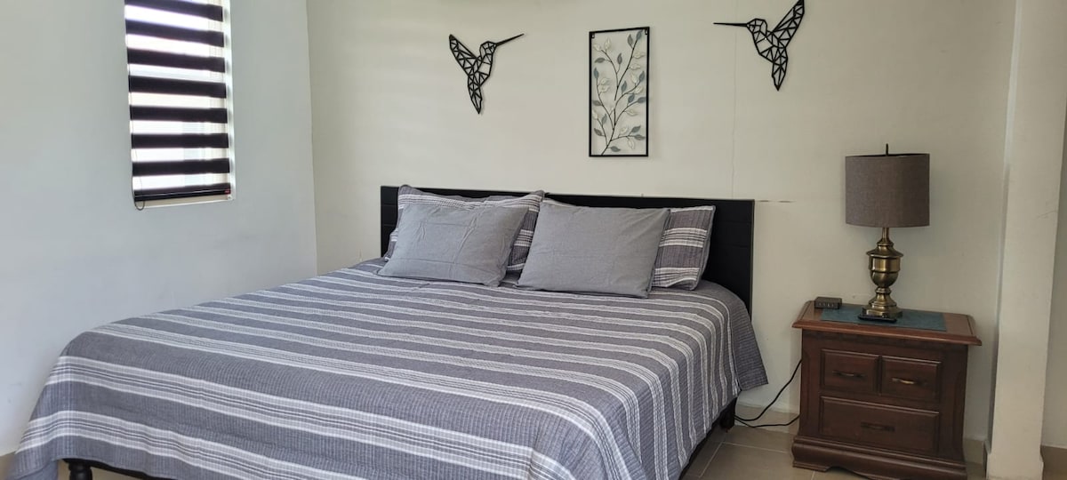 A spacious bed with gray striped bedding is centered against a light wall. Two metal hummingbird wall decorations are positioned above the headboard. A nightstand with a lamp and phone sits beside the bed, while a window allows natural light to enter the room.