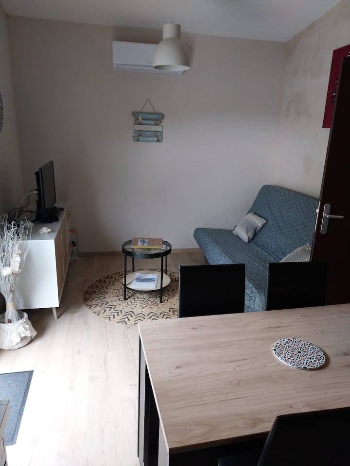  zona de comedor y televisión.
Televisión y reproductor de DVD.
La ropa del sofá cama se encuentra debajo, en el maletero.