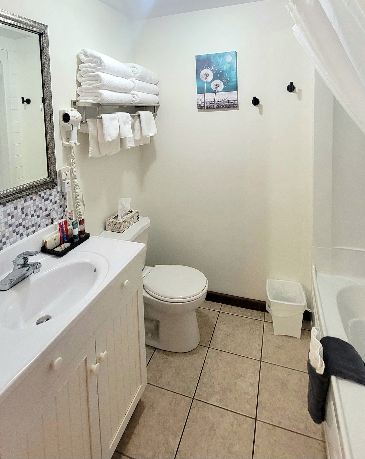 The bathroom features a white vanity with a sink and a large mirror above. Neatly arranged towels are displayed on a rack, while a shower curtain and a bathtub are visible. Additional amenities include a toilet, a wastebasket, and tiled flooring.