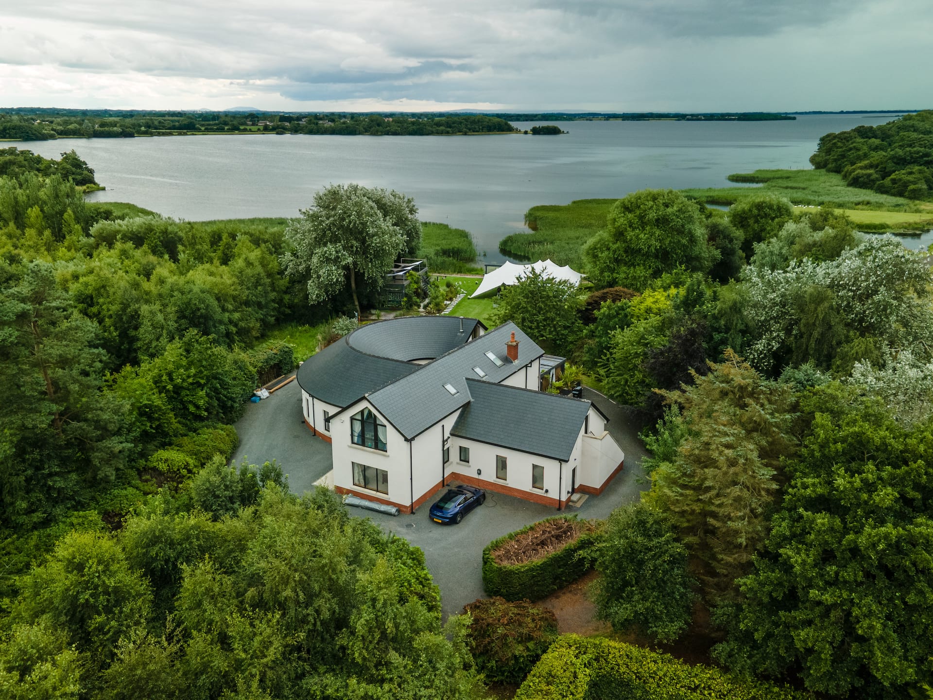 Selshan Lodge from above, on the shore of Lough Neagh at Aghalee, Northern Ireland
