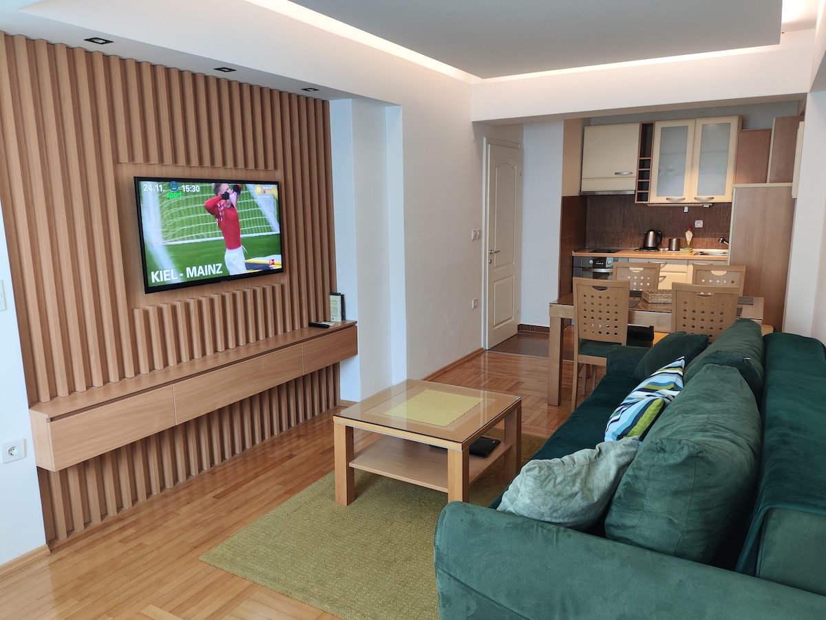 The living area features a green sofa with colorful cushions, positioned opposite a mounted flat-screen TV on a wooden accent wall. A glass coffee table sits in front of the sofa, and a dining area with wooden chairs is visible in the background, adjacent to the kitchen.