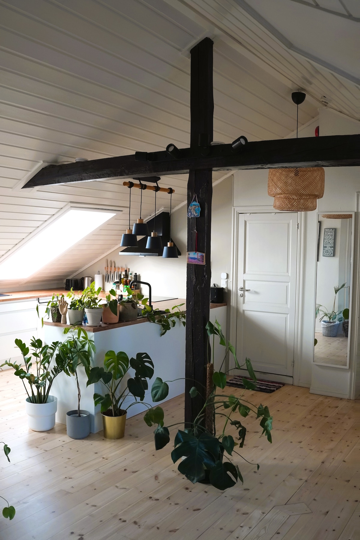 An airy loft space features a vaulted ceiling with wooden beams. Potted plants line the floor, adding greenery to the room. A minimalistic kitchen area is illuminated by pendant lights, and a mirrored door reflects the natural light coming through the angled windows.