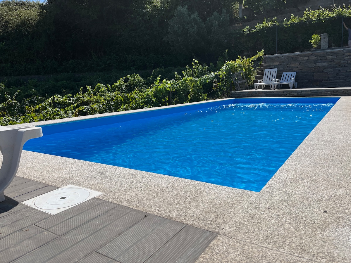 An outdoor swimming pool is surrounded by a concrete deck, showcasing crystal clear blue water. A pair of lounge chairs is situated nearby, complemented by lush green vines in the background, creating a serene environment for relaxation.