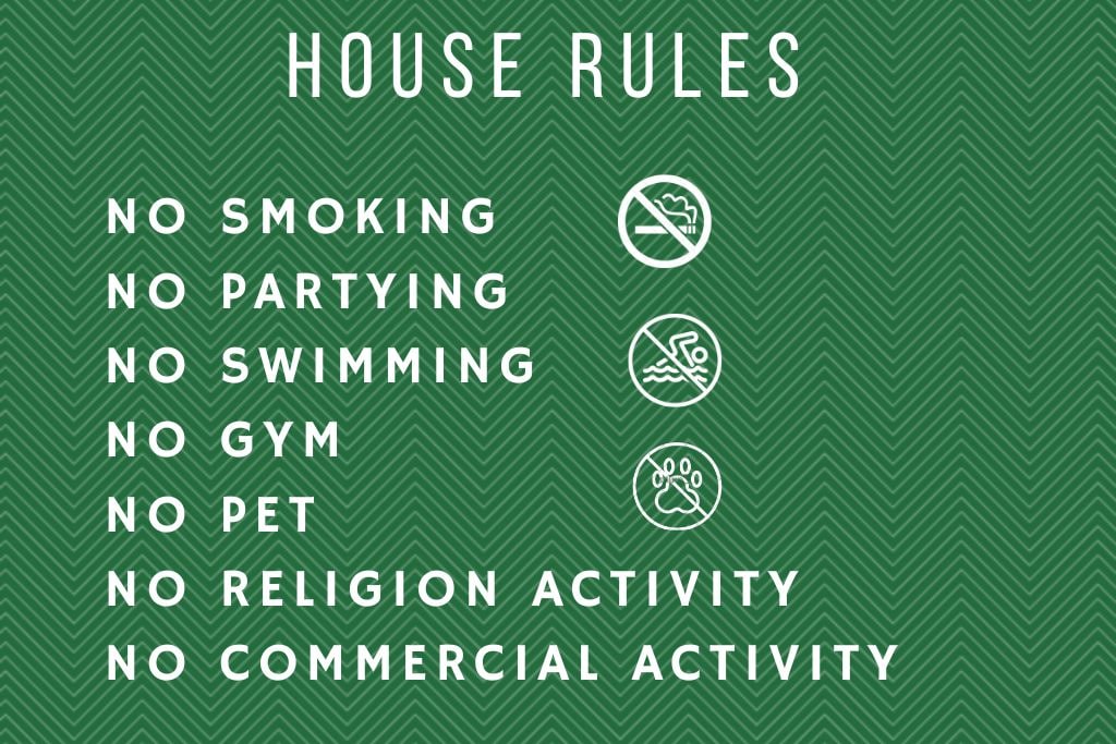 A green background features a clear list of house rules presented in white text. Iconographic representations accompany rules, including symbols for no smoking, no swimming, and no pets, creating a straightforward and accessible guide for guests.