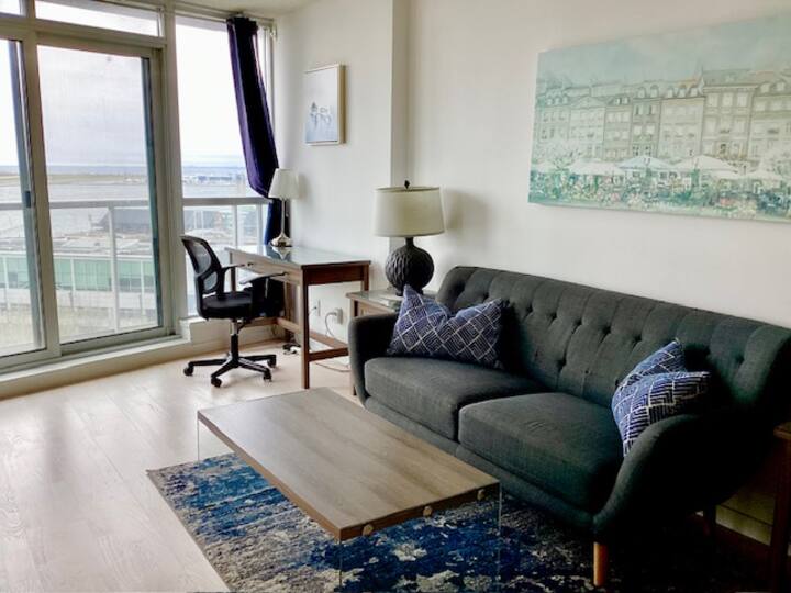 俯瞰海滨安大略湖的起居室和书桌