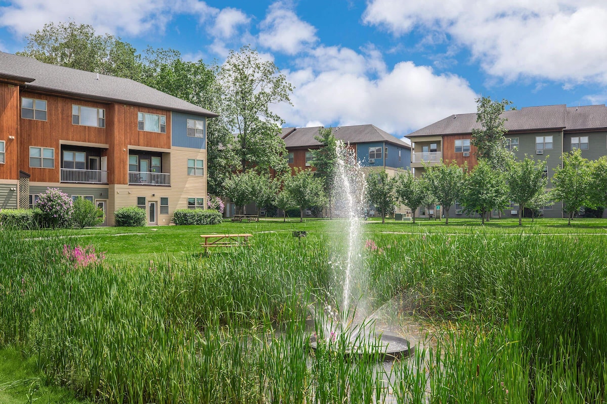A peaceful park-like setting is depicted, featuring a fountain surrounded by lush green grass and tall reeds. Residential buildings align in the background, with trees adding to the natural aesthetic. The sky above is clear with scattered clouds.
