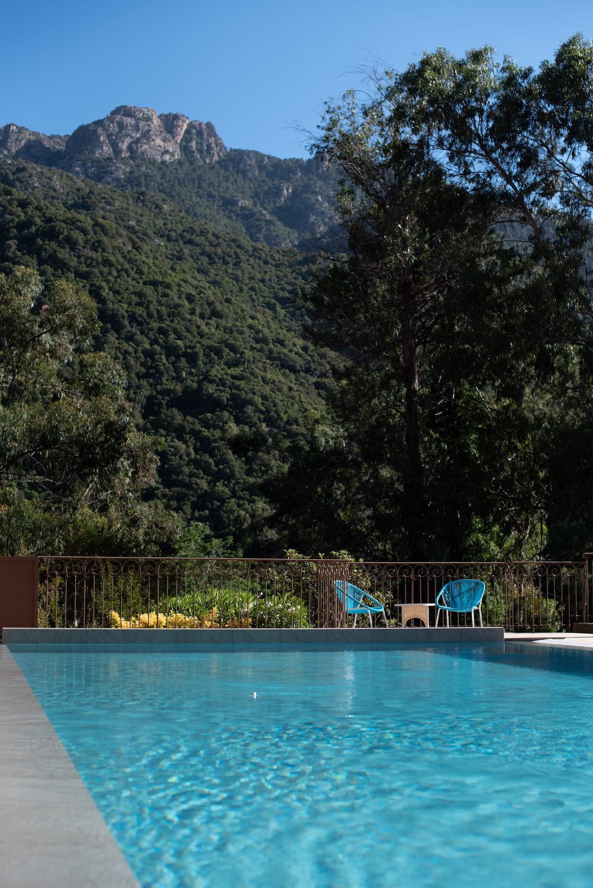 A clear swimming pool reflects the blue sky, surrounded by a landscaped area with greenery. In the background, a mountain range rises, covered by a lush forest. Two chairs are positioned beside the pool, offering a serene view of the natural landscape.