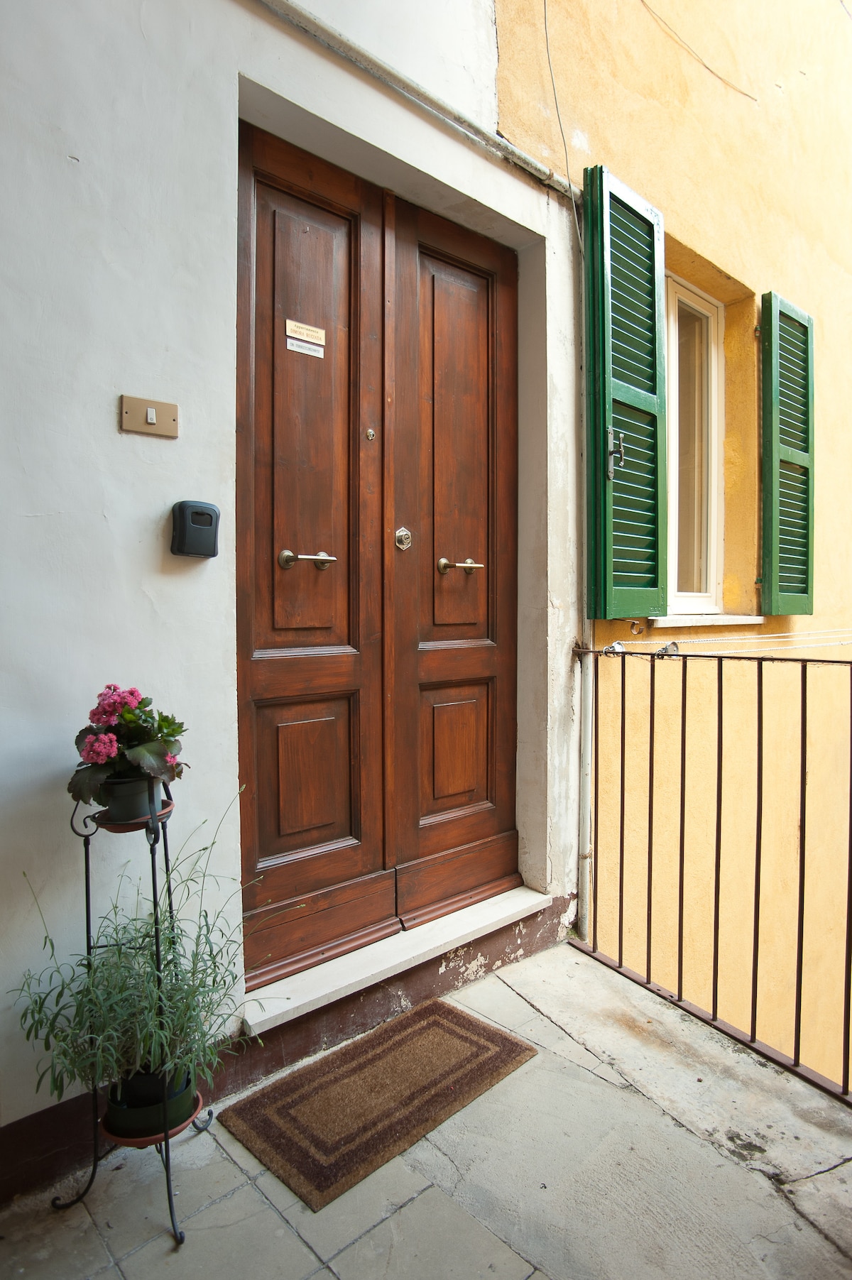 A traditional wooden door with double panels is situated against a light-colored wall. Green shutters frame a nearby window, while a small potted plant and flowers in a stand are placed next to the entrance. A welcome mat lies on the ground.