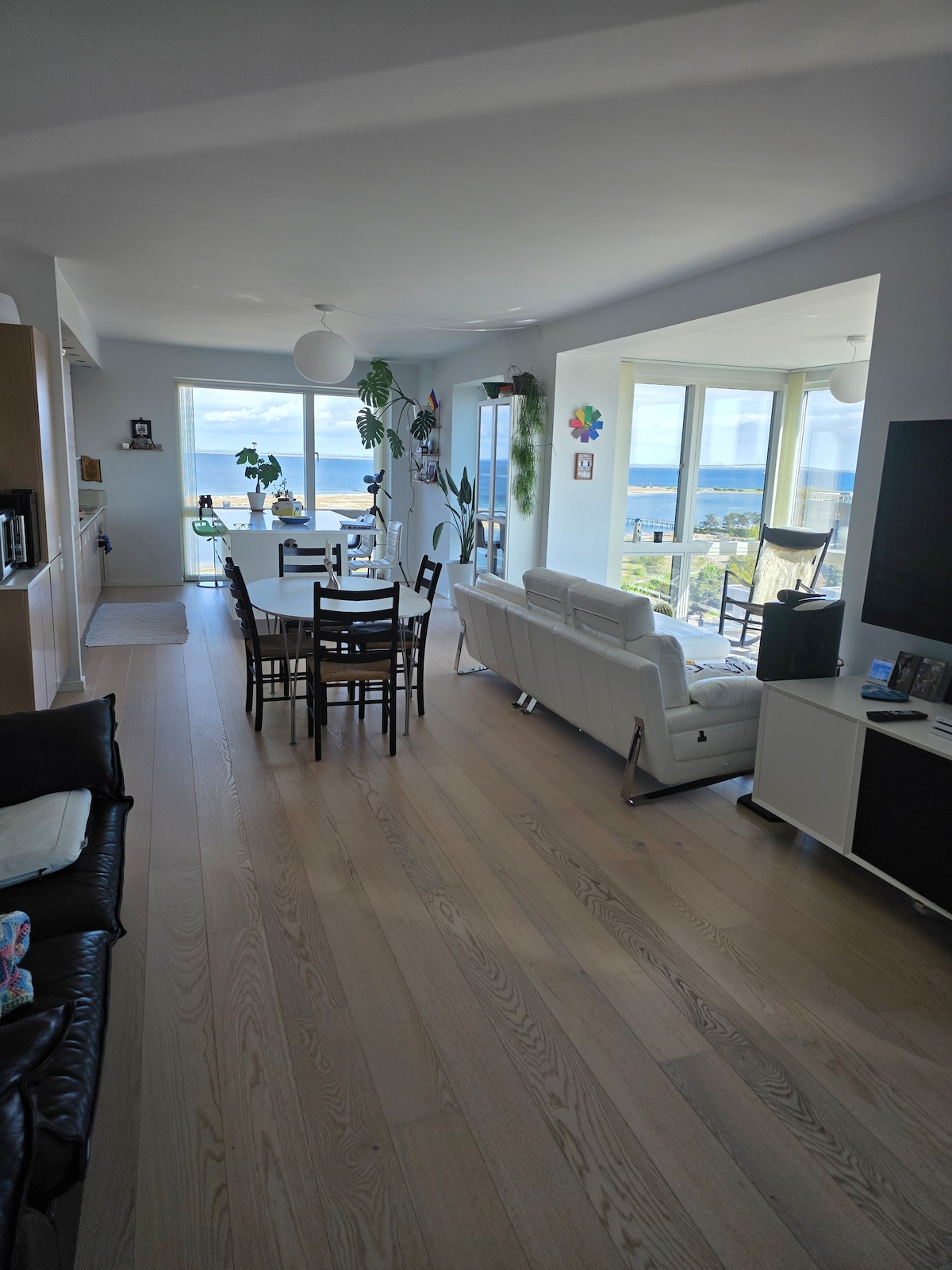 A spacious open-plan living area is observed with large windows offering views of the water. A dining table and six chairs are positioned near the windows, while two sofas are arranged in the seating area. Green plants add a touch of nature to the bright room.