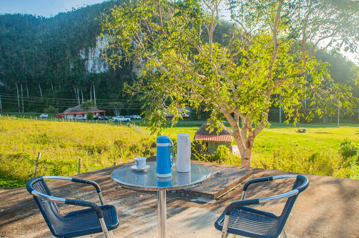 A small outdoor seating area features a round glass table with two chairs. Coffee and thermoses are placed on the table, surrounded by lush greenery and distant hills. A glimpse of nearby buildings and a vibrant landscape creates a serene environment.