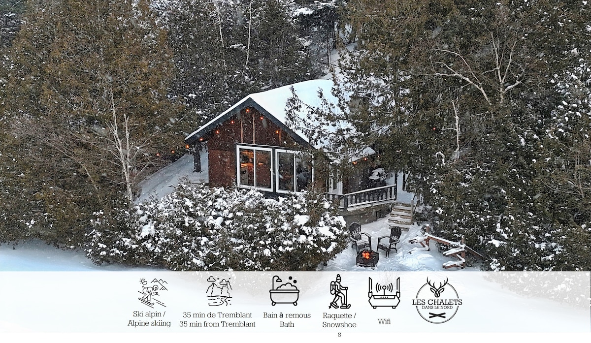 A charming chalet nestled among snow-covered trees, featuring large windows that reflect warm light from within. An outdoor area with seating is positioned beside a snowy path, inviting relaxation. The surrounding landscape showcases a peaceful winter scene, enhancing the cozy retreat atmosphere.