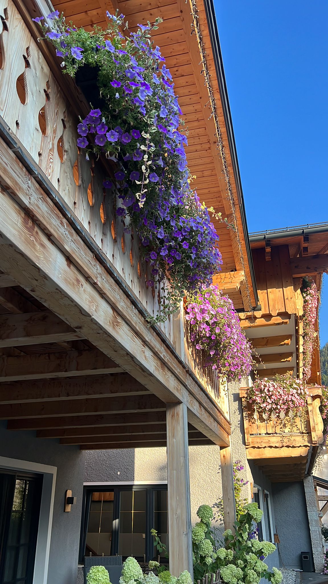Floral arrangements hang from the wooden balcony, featuring vibrant purple and pink flowers. The rustic architecture is complemented by a clear blue sky. The structure showcases multiple levels, with greenery accenting the outdoor space below.