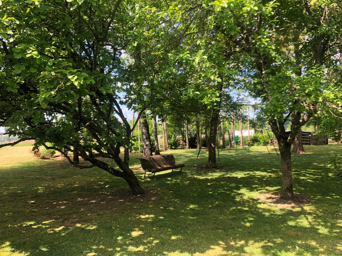 A serene garden area features lush green grass under the shade of several trees. A wooden bench is positioned amid the foliage, providing a quiet spot to relax. The surroundings include varied landscaping, highlighted by blooming plants and a gentle breeze rustling the leaves.
