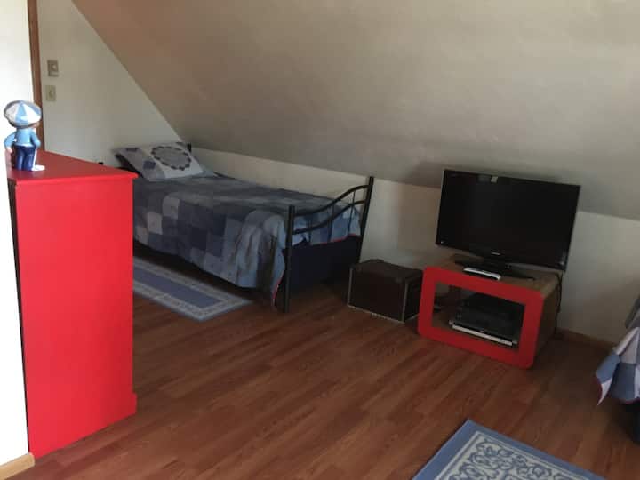 Twin Bed #1 with TV and Dresser in bedroom #3