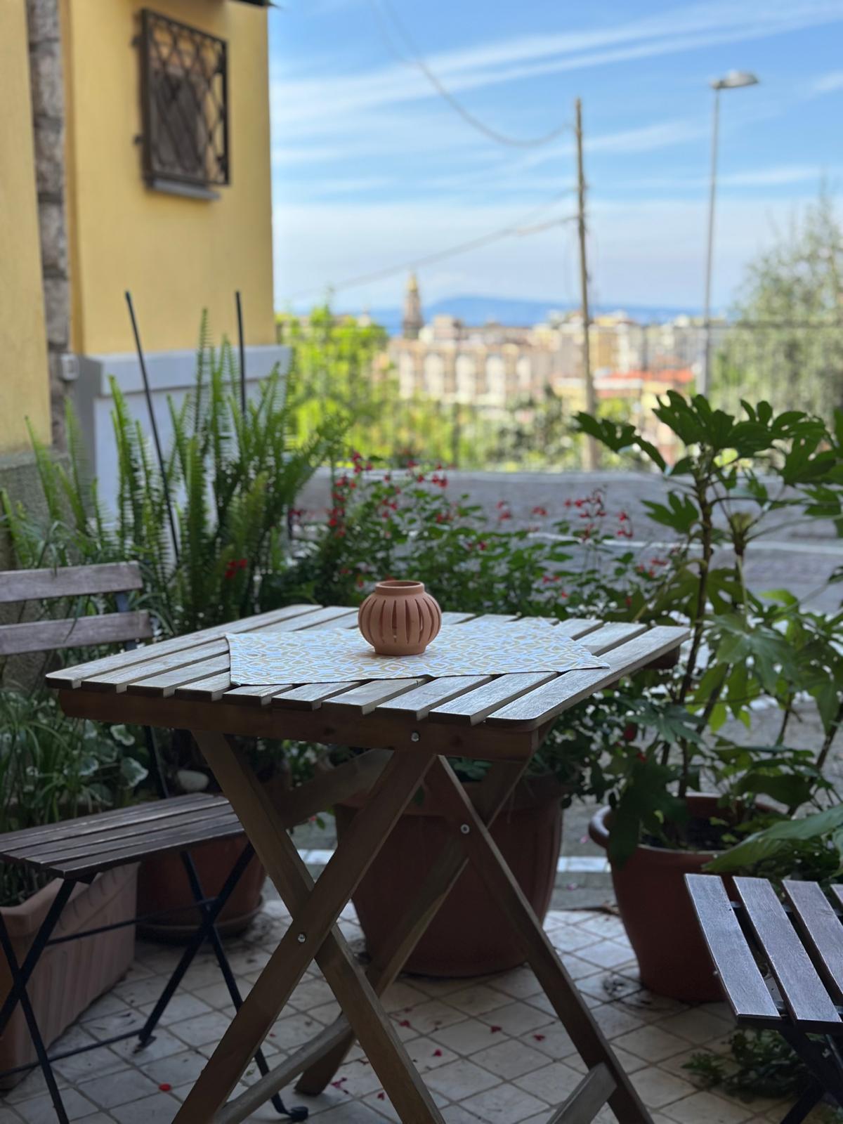 A small outdoor courtyard features a wooden folding table surrounded by potted plants. A terracotta vase sits at the center of the table. In the background, the view extends across a townscape under a clear blue sky.