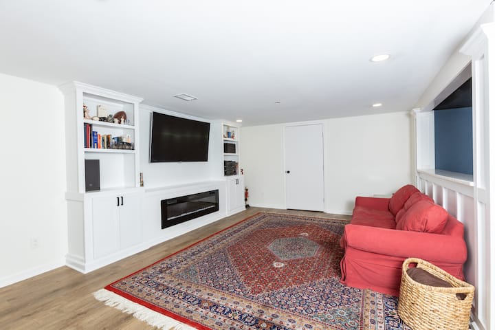 Basement living room with couch, electric fireplace, plenty of room to blow up an air matress or two if additional space is needed. 
