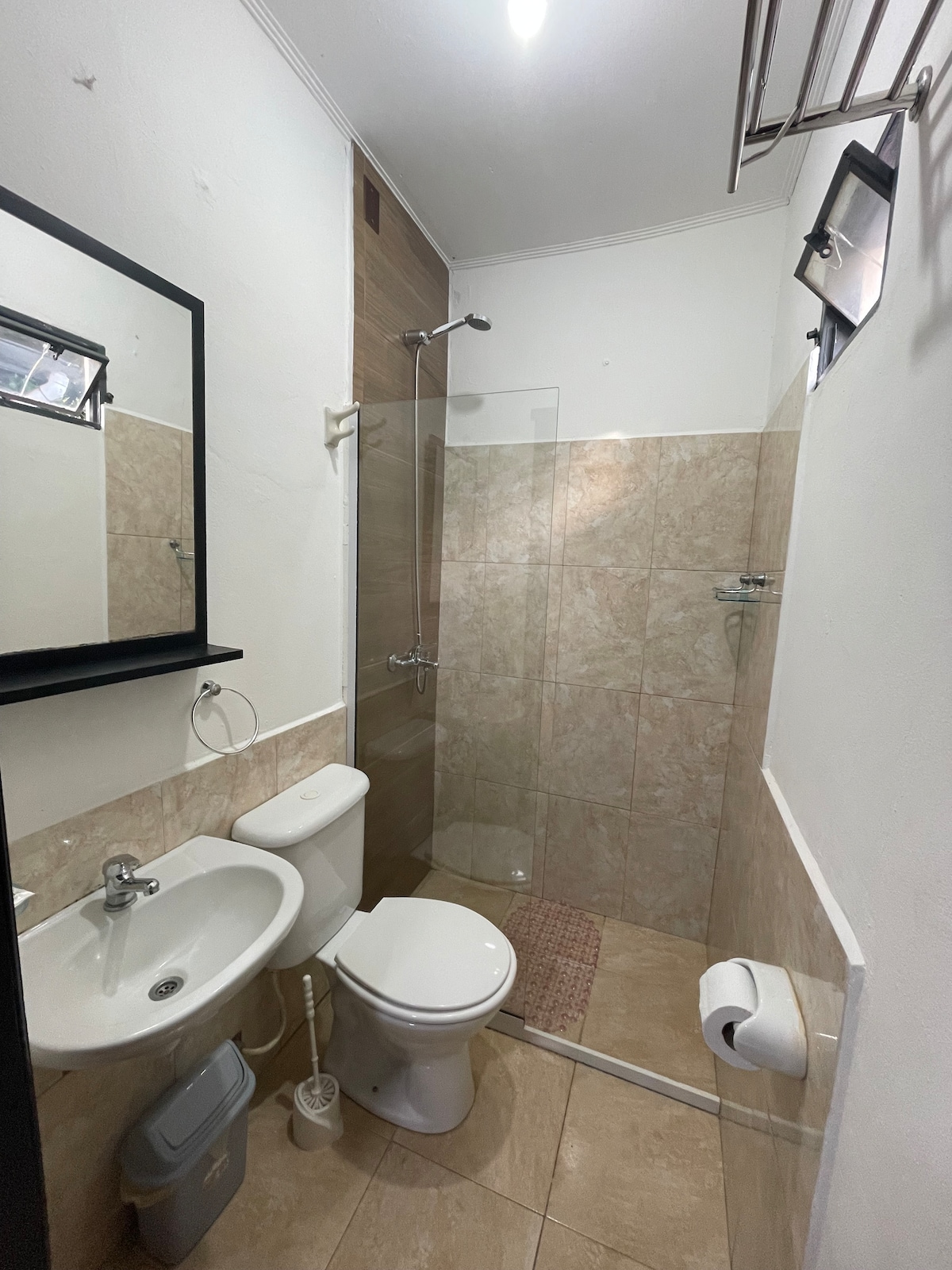 A compact bathroom is visible, featuring a glass shower enclosure, a toilet, and a small sink with a mirror above. Light tiles line the walls, and a mat is placed on the floor in front of the shower. A towel dispenser and toilet paper holder are also present.
