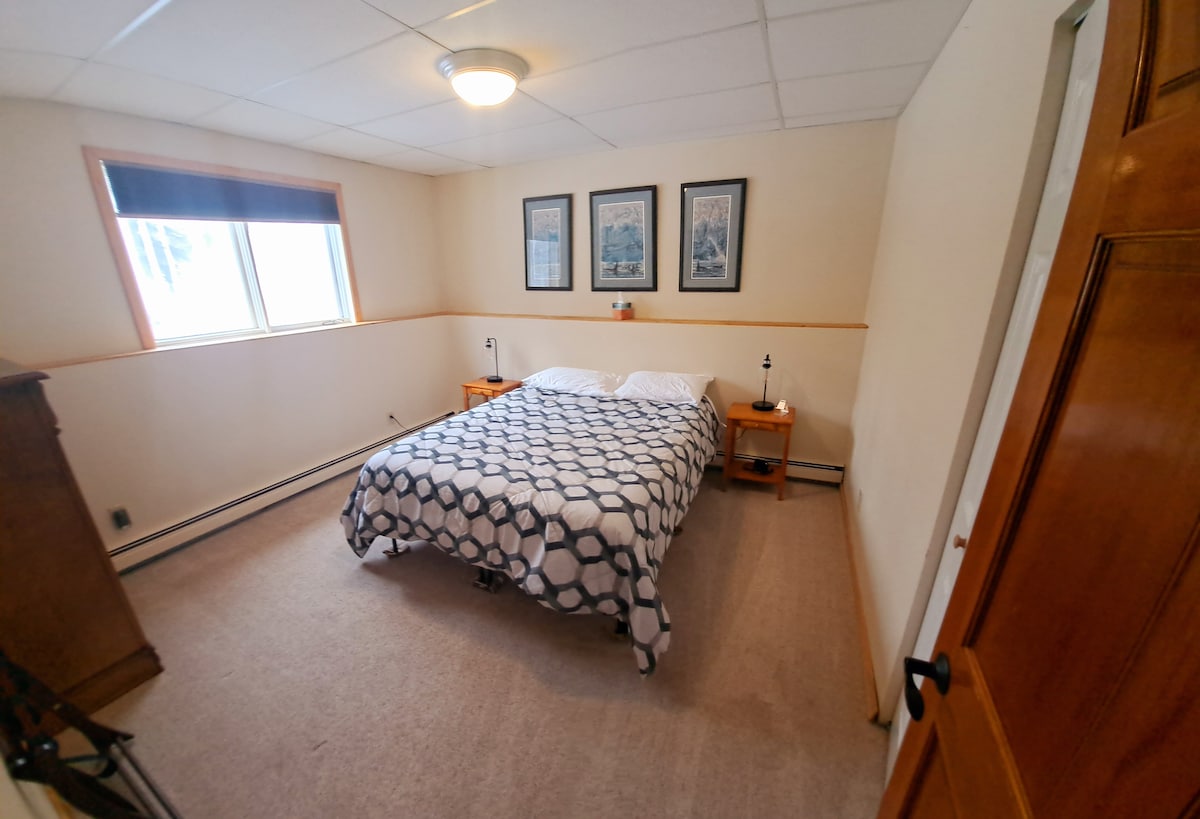 Queen size-säng ser ganska liten ut på den här bilden, men jag tror att det är för att det är ett rymligt område.