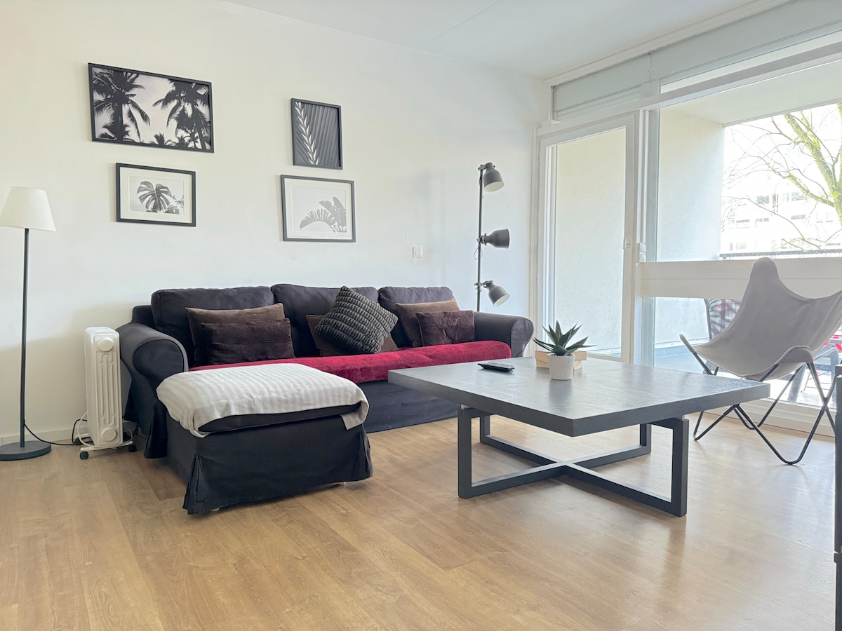A welcoming living area features a dark sofa with a contrasting red cushion and two decorative pillows. A contemporary coffee table sits centrally, complemented by a small potted plant. Natural light filters through large windows, illuminating the light wood flooring.