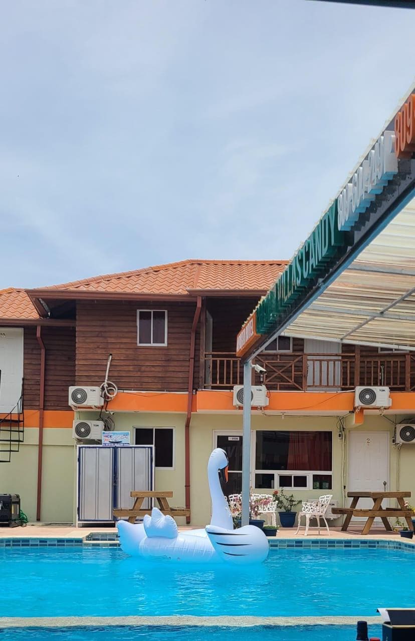 A swimming pool is centered in the image, featuring a large inflatable swan. Surrounding the pool, an open area includes several tables and chairs. In the background, a two-story building with wooden accents and air conditioning units is visible beneath a clear sky.