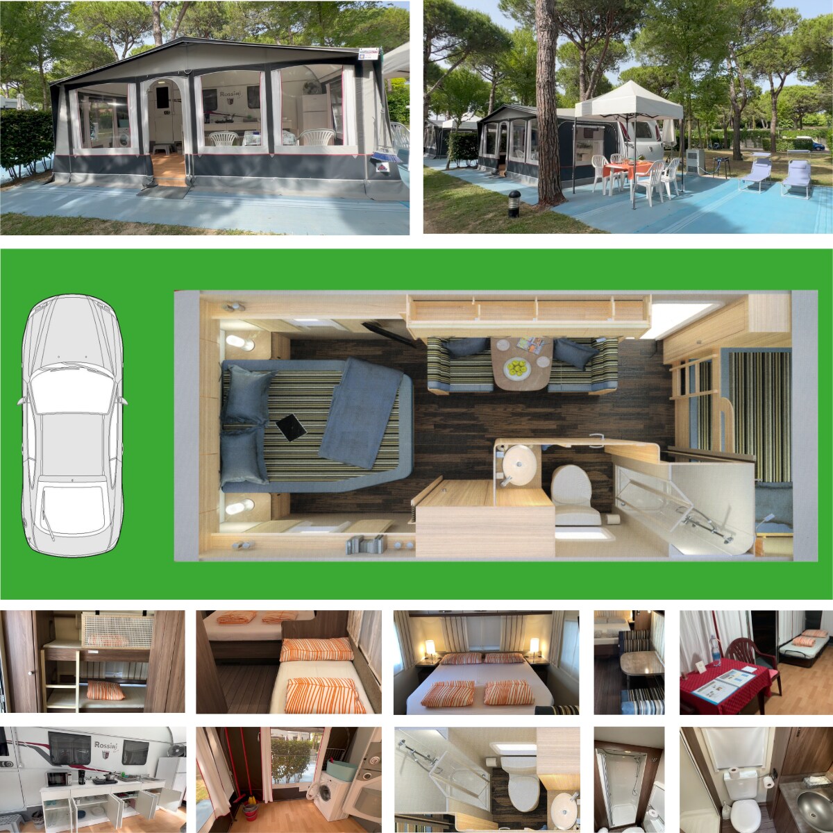 A spacious caravan is shown with large windows surrounded by greenery. Outdoor seating is arranged at a table under a canopy. The interior layout reveals a comfortable living area and a well-equipped kitchenette, providing a cozy space for relaxation.