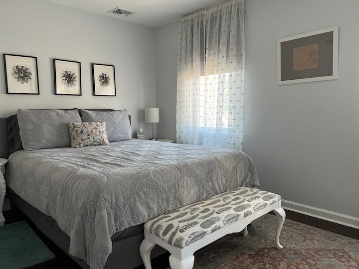 Back of house bedroom has a queen sized Sterns & Foster mattress with comfortable linens.