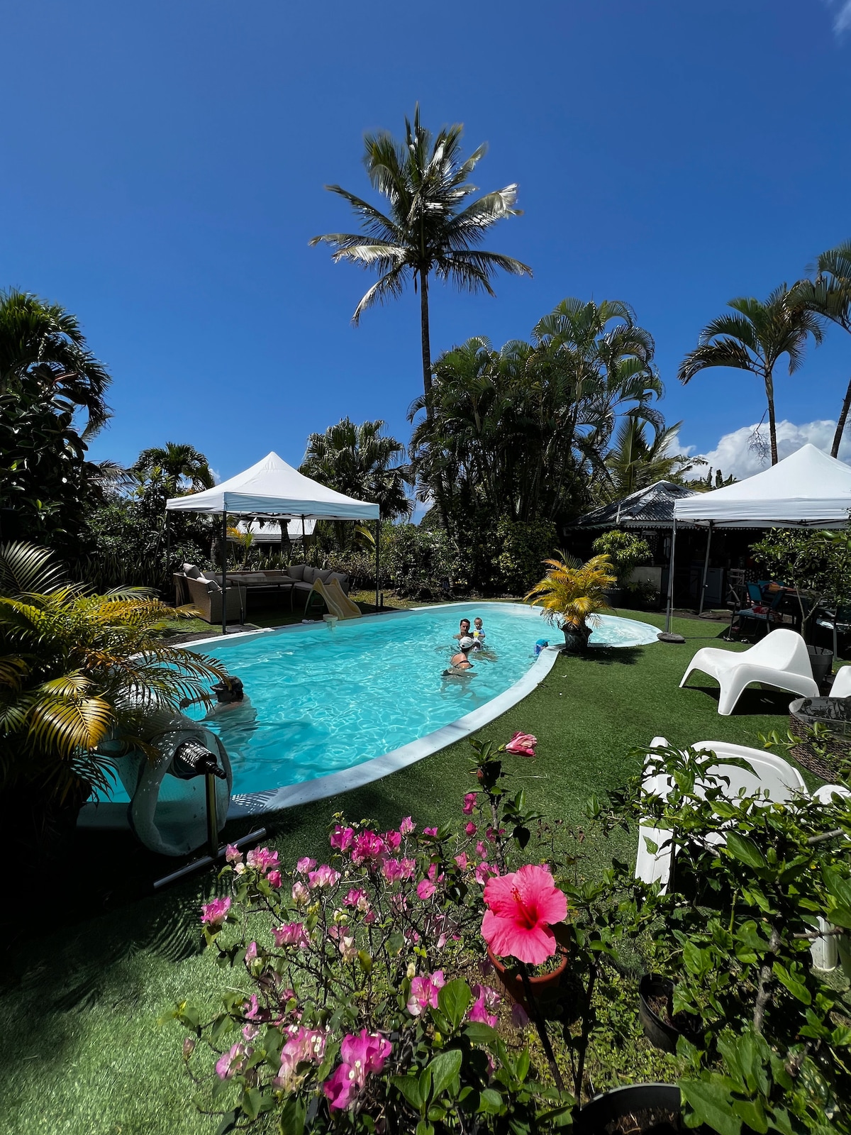 A sunlit pool area is surrounded by lush greenery and tropical plants, including vibrant flowers. Two individuals are seen enjoying the refreshing water. Two white shades provide cover to nearby seating arrangements, enhancing the outdoor relaxation space.