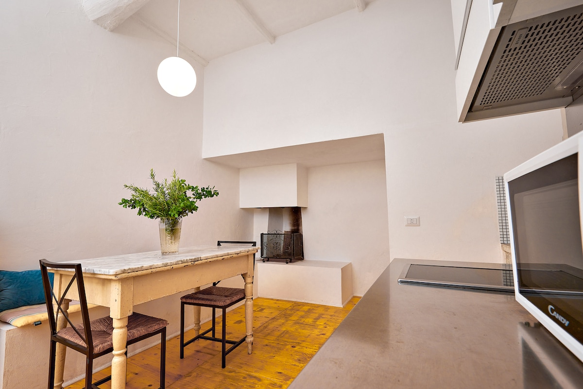 A kitchen area features a rustic table with four wooden chairs and a decorative vase filled with greenery. A traditional fireplace is visible along the wall, complemented by a modern induction cooktop and a microwave, providing a blend of classic and contemporary design.