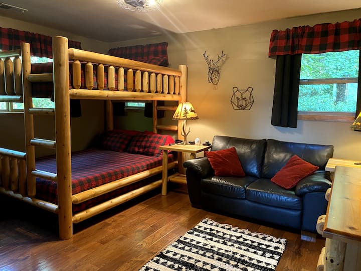 Queen Bunks in Upstairs Guest Bedroom with TV, Sound Machine, Charging Stations, Blackout Curtains, and Ceiling Fan