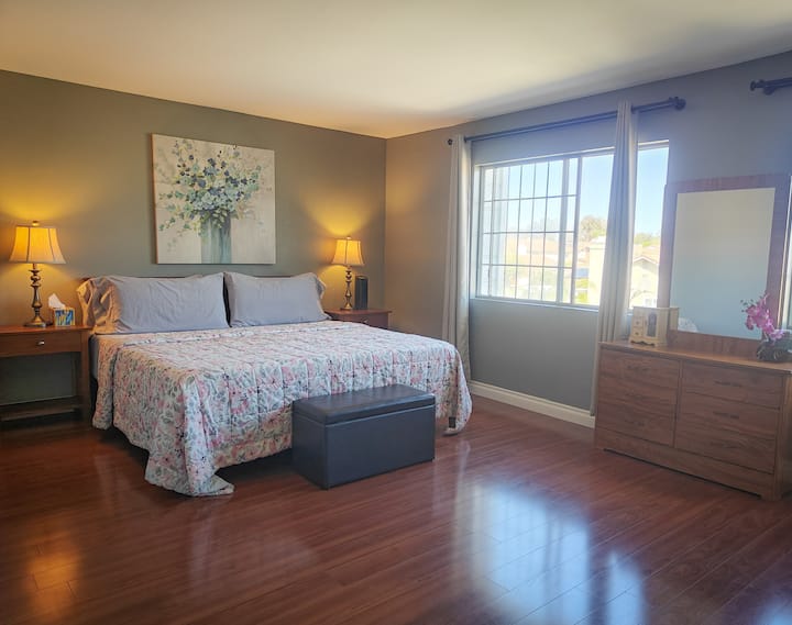 Მთავარი საძინებელი დიდი ზომის მეხსიერების ქაფის საწოლით და სრული აბაზანით + დიდი გასეირნება კარადაში.