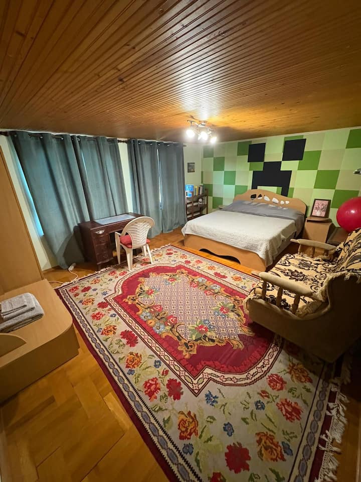 غرفة تحت عنوان Minecraft مزينة بقطع ليغو على الرف. سرير بحجم كوين وسرير أريكة بحجم مزدوج قابل للسحب. حمام كامل الحجم مع حوض استحمام كامل الحجم. 