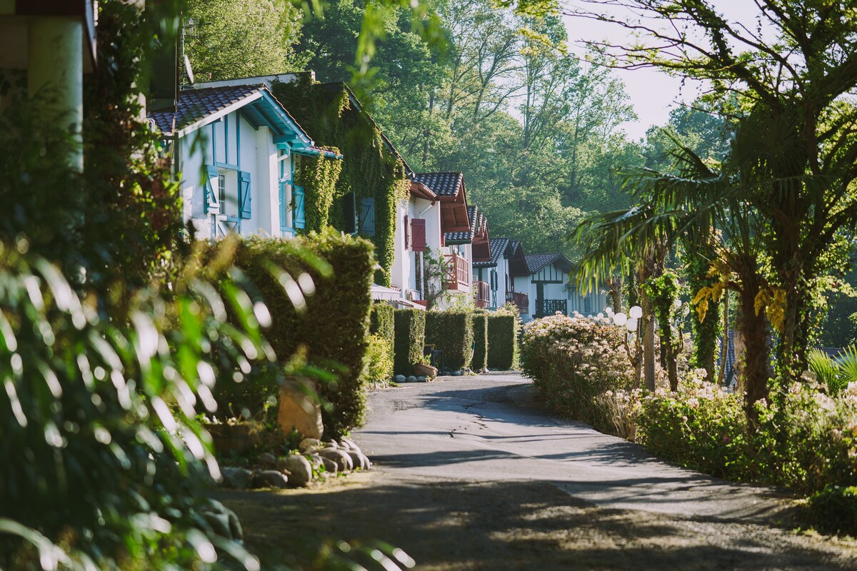 A scenic pathway leads through a charming collection of cottages, featuring colorful facades with various window styles. Lush greenery lines the walkway, creating a tranquil atmosphere. The sunlight filters through the trees, illuminating the natural beauty of the surroundings.