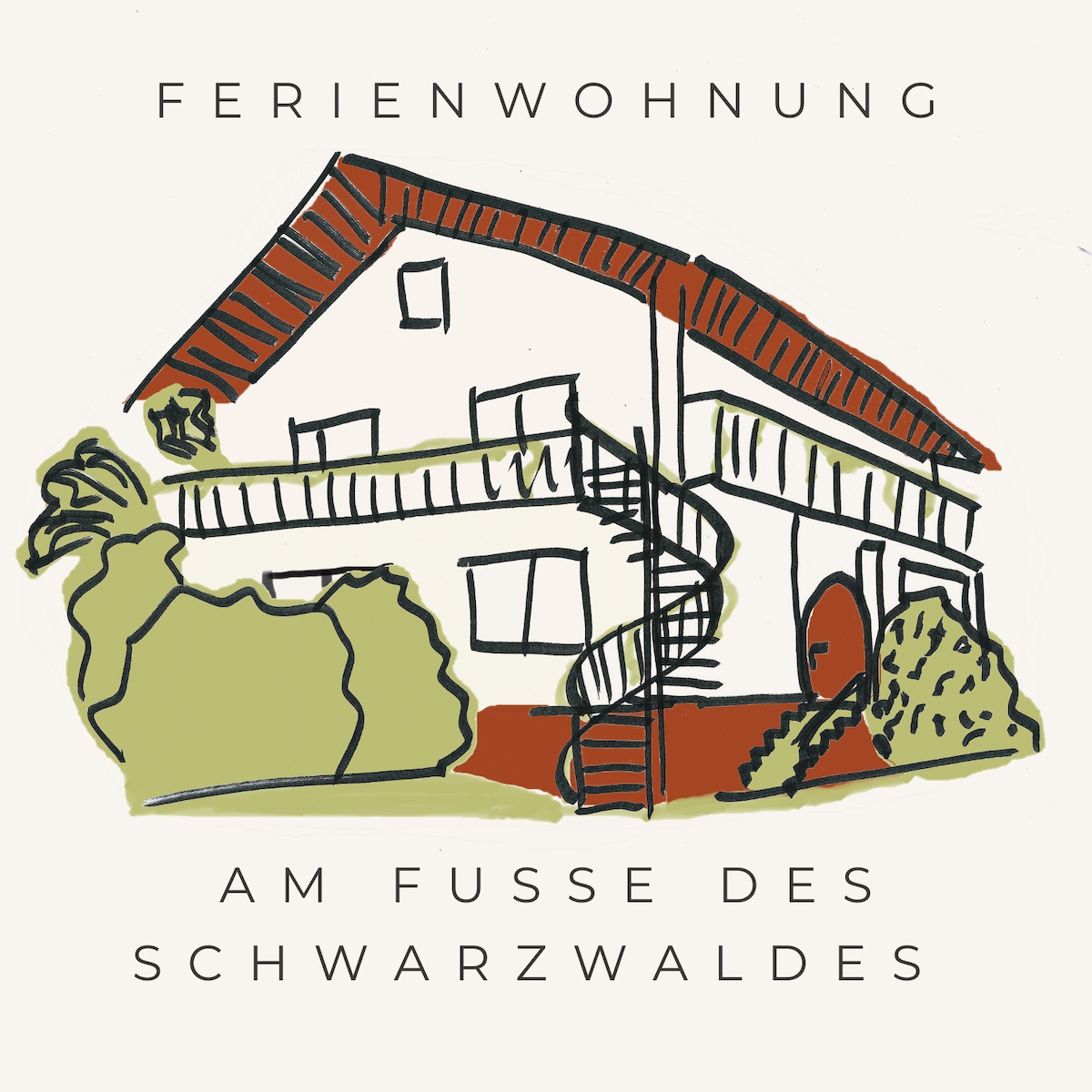 A hand-drawn illustration of a two-story building with a spiral staircase on the side. The structure is surrounded by greenery, depicting a welcoming atmosphere close to the Black Forest. The roof features a reddish hue, with large windows suggesting ample natural light.