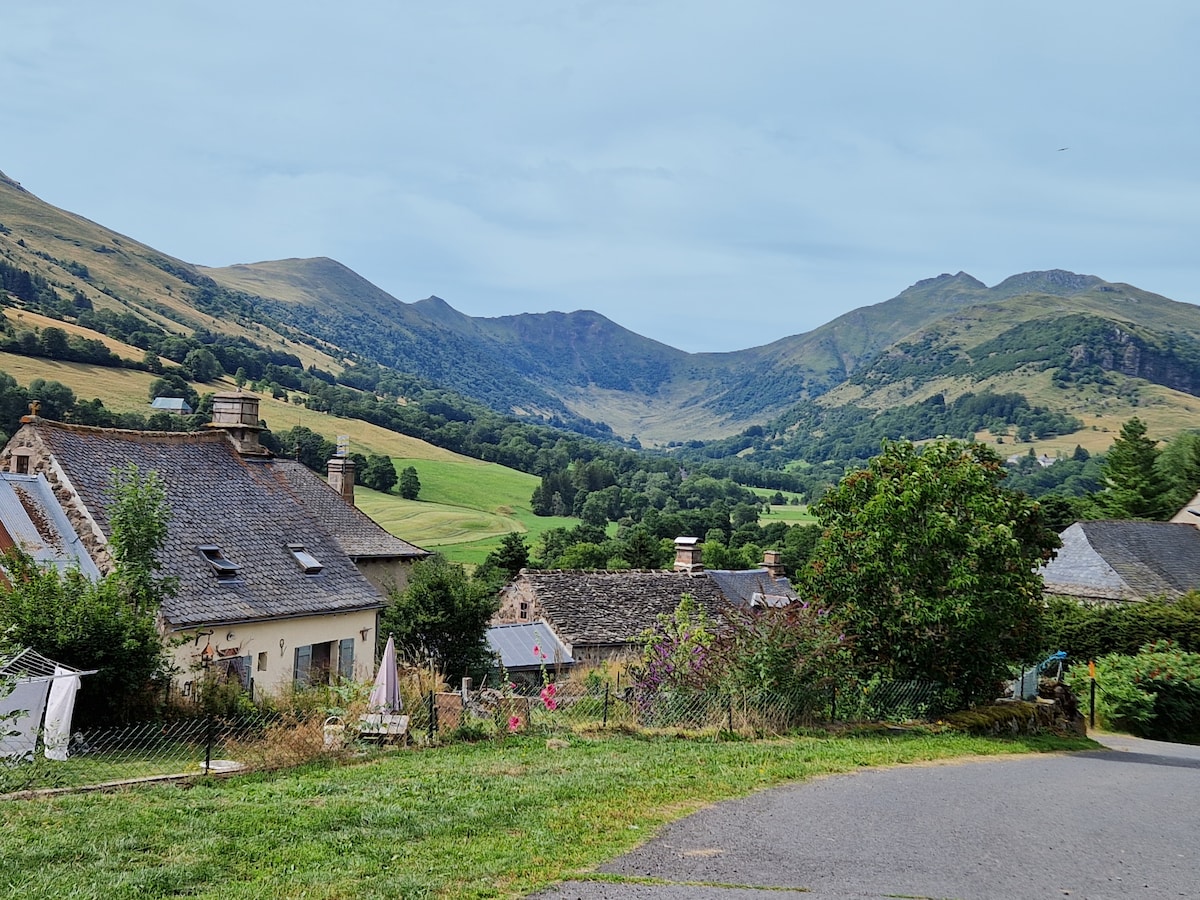 A serene landscape is depicted with rolling green hills and mountains in the background, creating a natural frame. Quaint houses with grey rooftops blend harmoniously with the surroundings. Lush vegetation and a clear sky add to the peaceful ambiance of this rural setting.