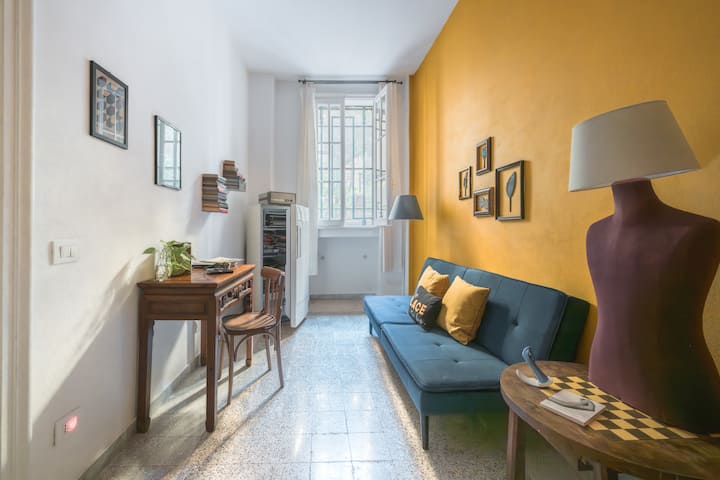 La segunda habitación con el sofá cama. Aquí, si hay un cuarto huésped, se agrega otra cama donde está el escritorio. Hay una nevera vintage convertida en librería