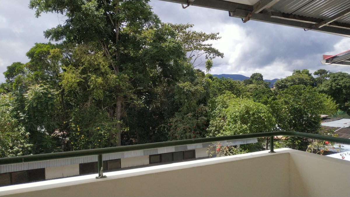 A view from the balcony reveals a lush green landscape filled with trees. The surrounding area features rooftops partially hidden by vegetation. The sky is overcast, indicating a calm and serene environment.