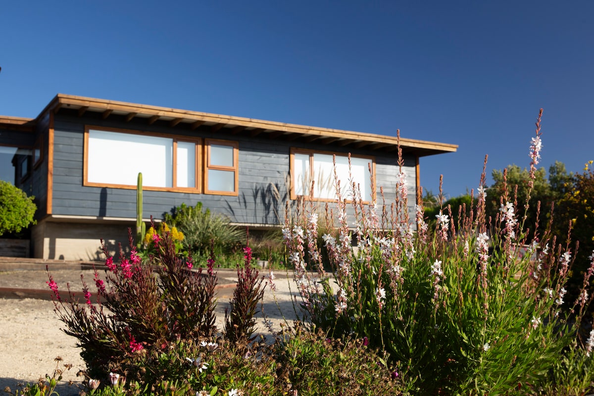 A modern home constructed with wood and concrete is framed by vibrant flowers and greenery. Large windows allow natural light to fill the interior, while a clear blue sky provides a serene backdrop.