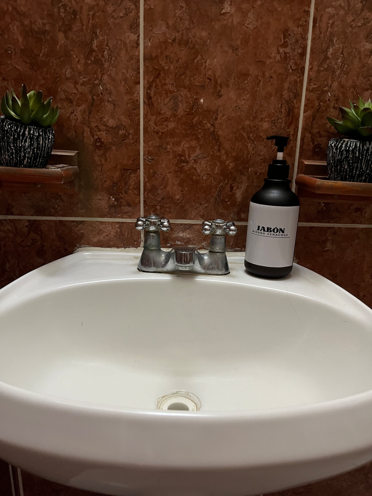 A compact sink is presented with a polished white basin. The faucet, featuring dual handles, complements the modern design. To the side, a black soap dispenser labeled 'JABON' is positioned next to two decorative potted succulents resting on wooden shelves.