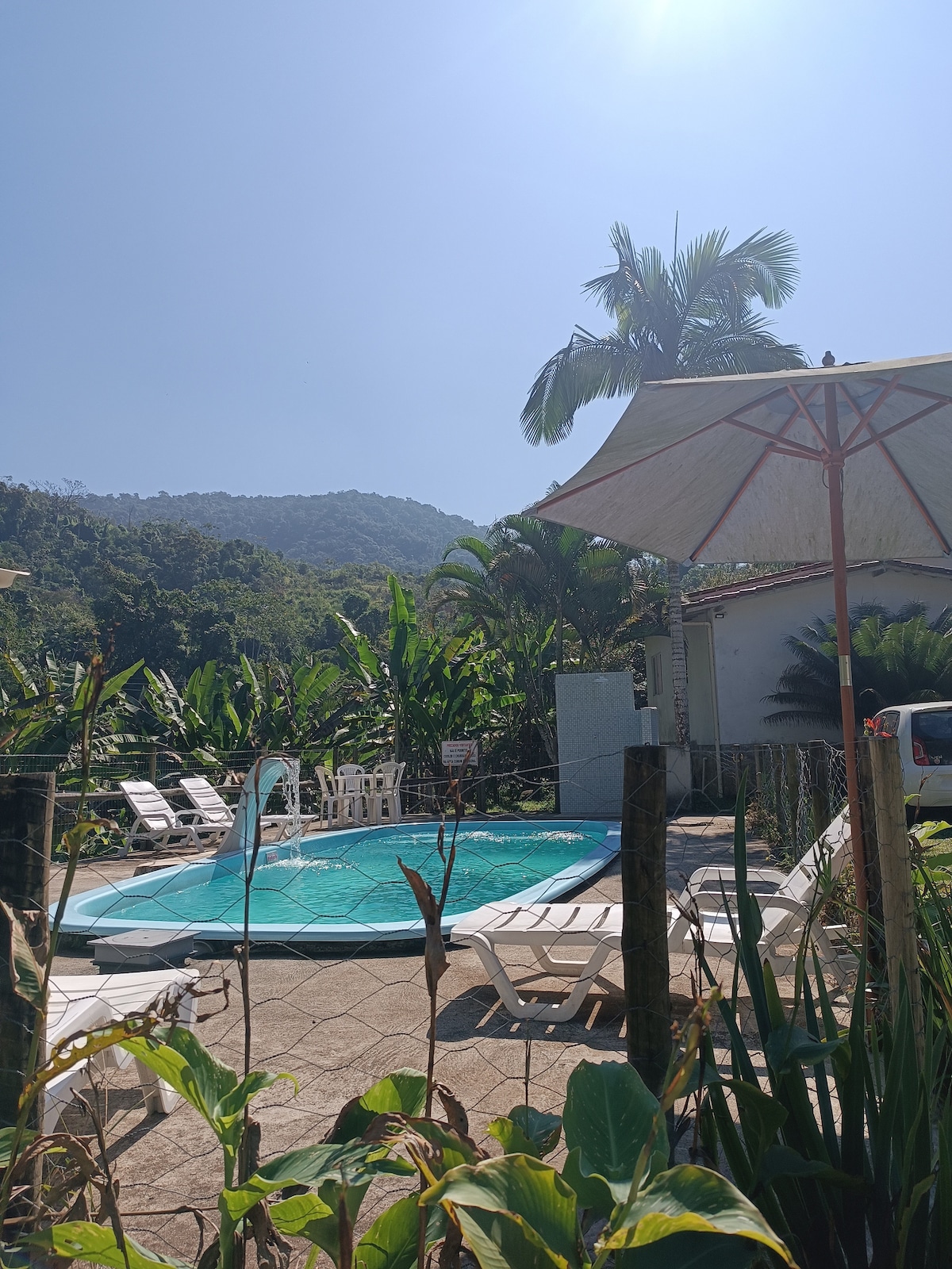 A pool area is surrounded by tropical plants, featuring white lounge chairs and a shaded area with a large umbrella. The backdrop displays lush mountains under a clear blue sky, while sunlight reflects off the water's surface.