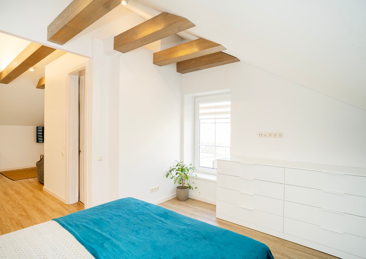 A well-lit bedroom features wooden beams across the ceiling, complemented by a large window allowing natural light to fill the space. A spacious bed is dressed in a turquoise blanket, while a white dresser occupies one wall. A small potted plant adds a touch of greenery.
