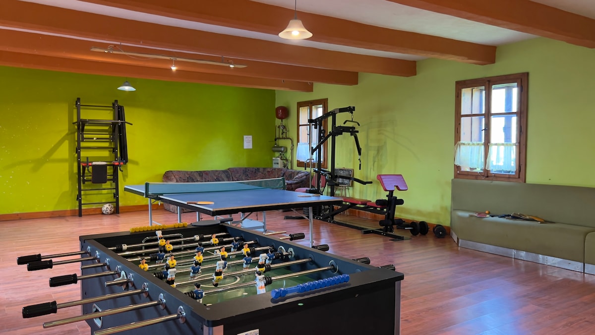 A recreational room features vibrant green walls, equipped with a foosball table and a ping pong table. A folding sofa is positioned against one wall, while various exercise equipment, including a weight machine, is arranged around the space. Natural light filters through multiple windows.