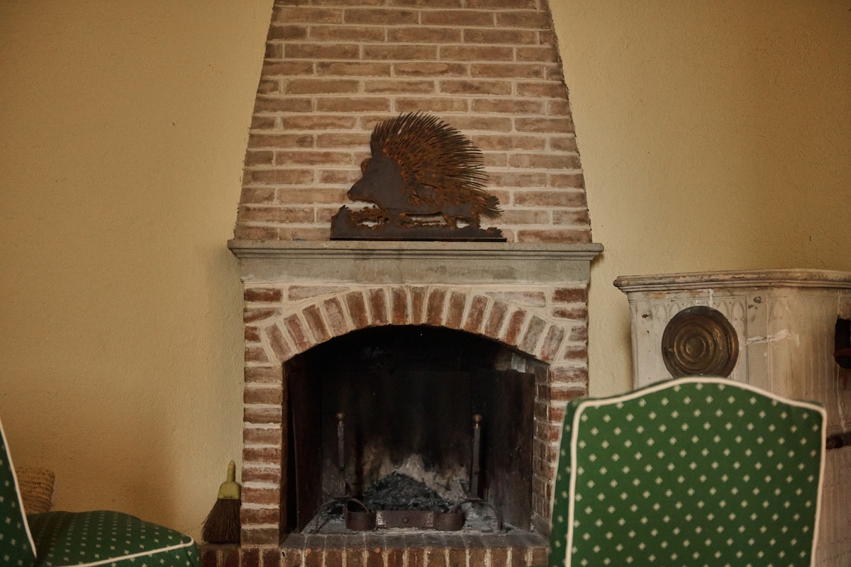 Living room with stone fireplace