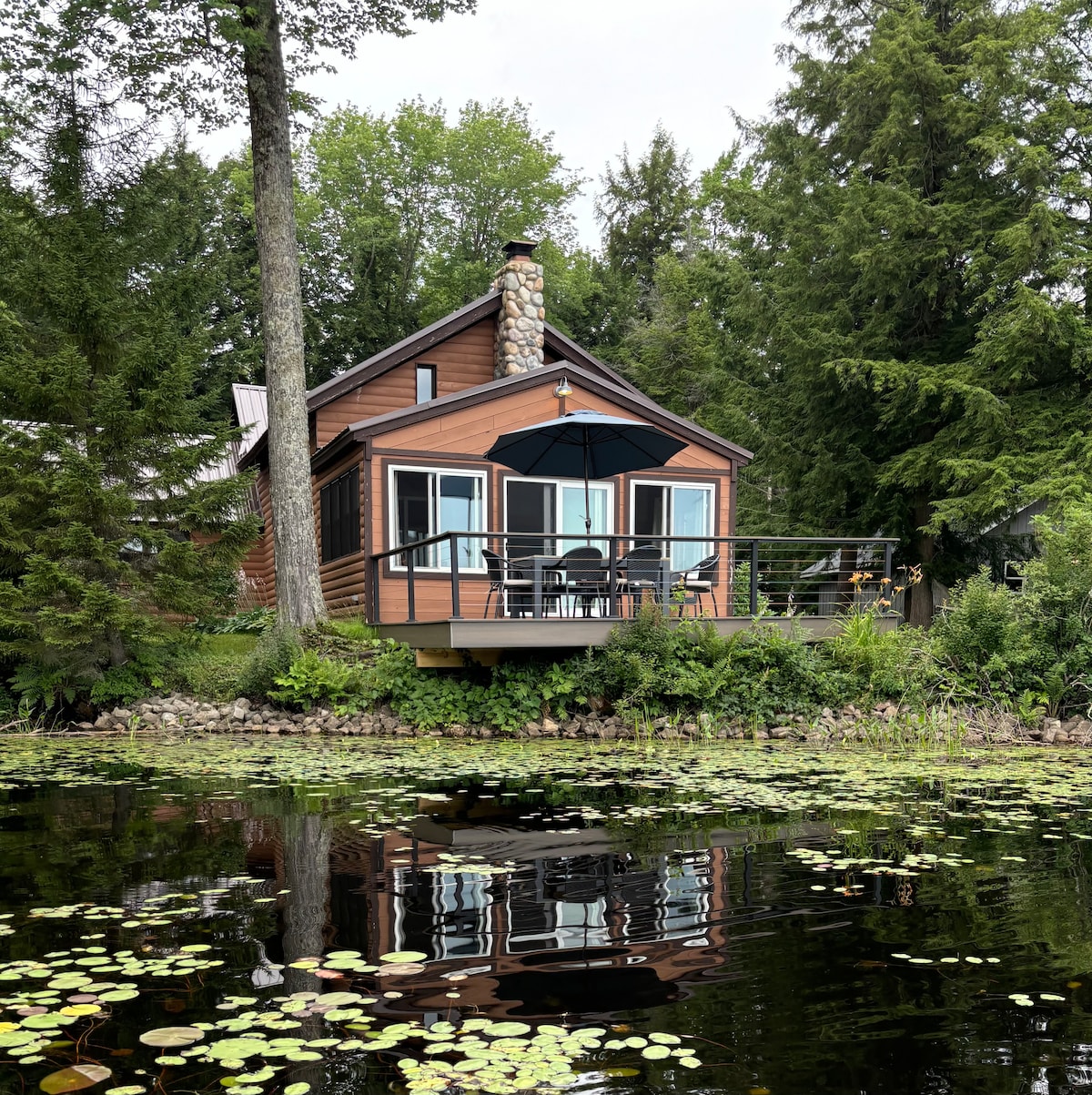 A cabin with a wooden exterior is situated by the lake, featuring large glass windows that reflect the surrounding greenery. A small deck with seating and an umbrella is visible, while water lilies float on the calm lake surface in the foreground.